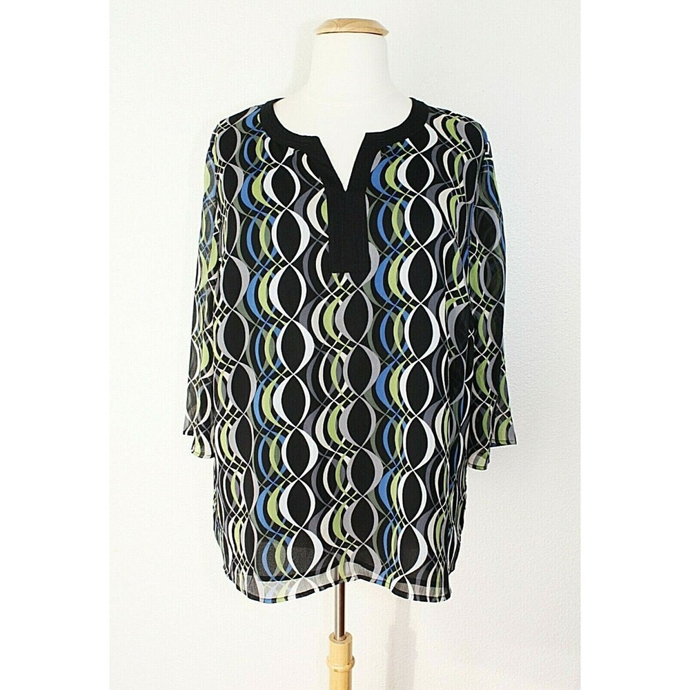 JM COLLECTION Tunic Top Plus Sz 24W Black Gray Green White Infinity Chains #03